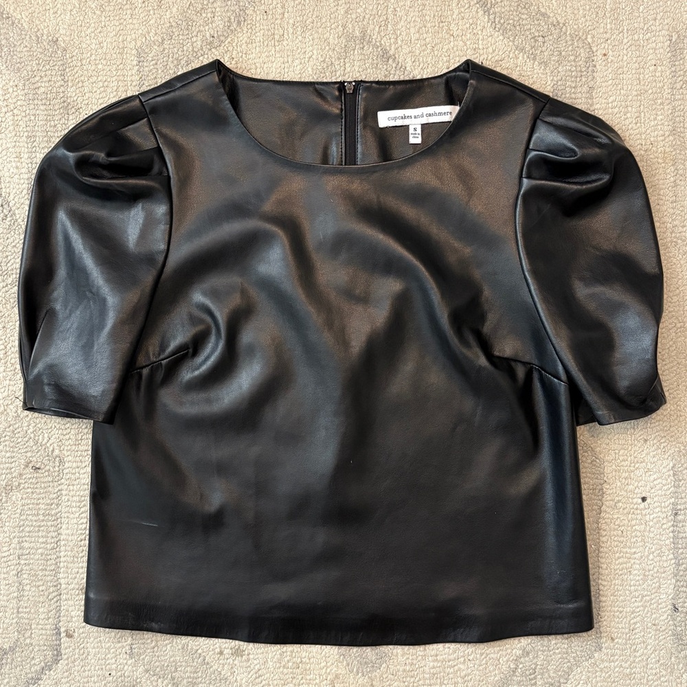 cupcakes & cashmere Black Faux Leather Puff Sleeve Blouse